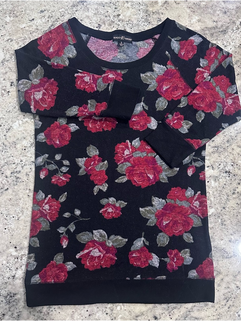 Almost Famous Black Sweater with Red Rose Print and Gray Leaves